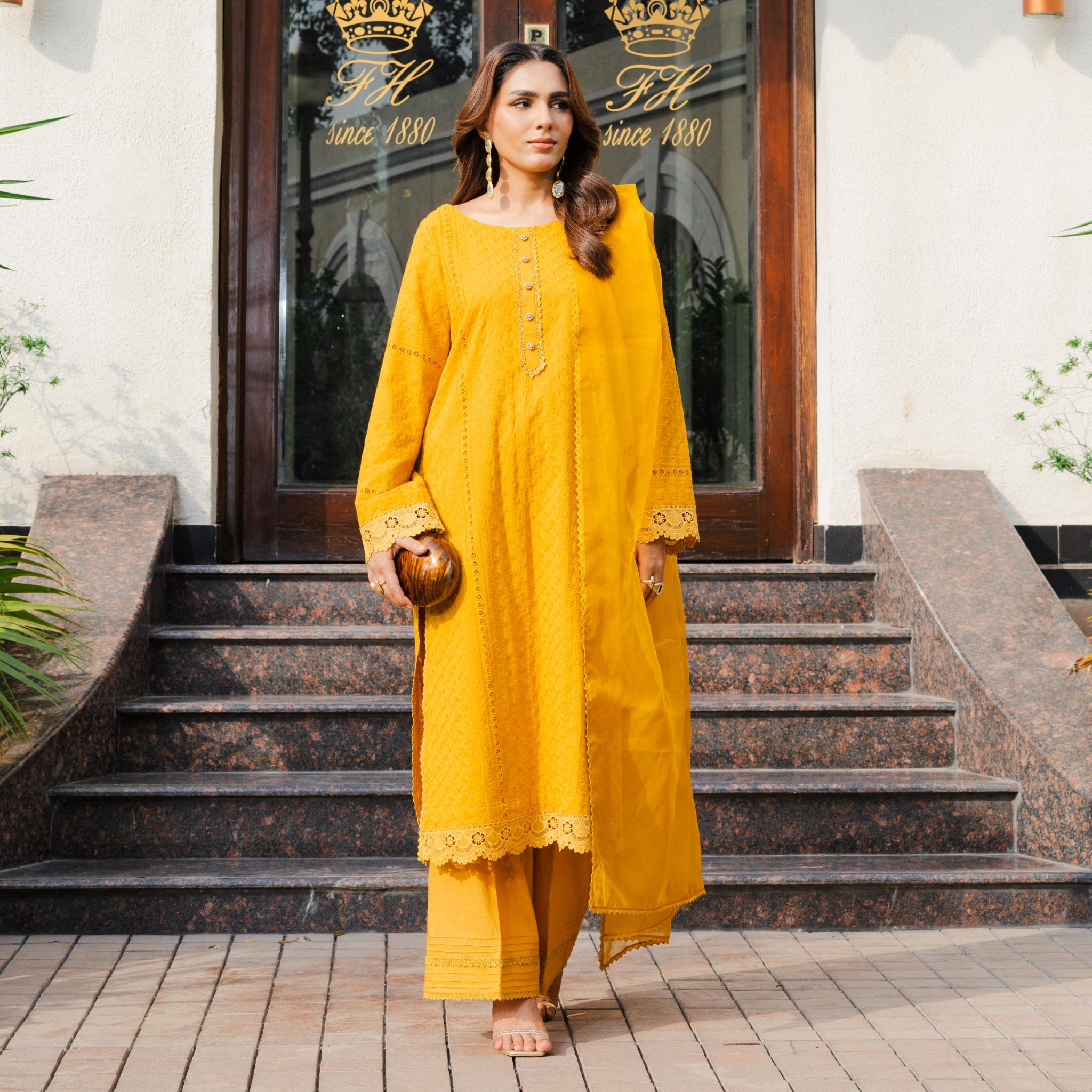 Kaneez - Readymade Chikankari Three Piece Shalwar Kameez in Mustard Yellow with Matching Organza Dupatta and Motif Detailing