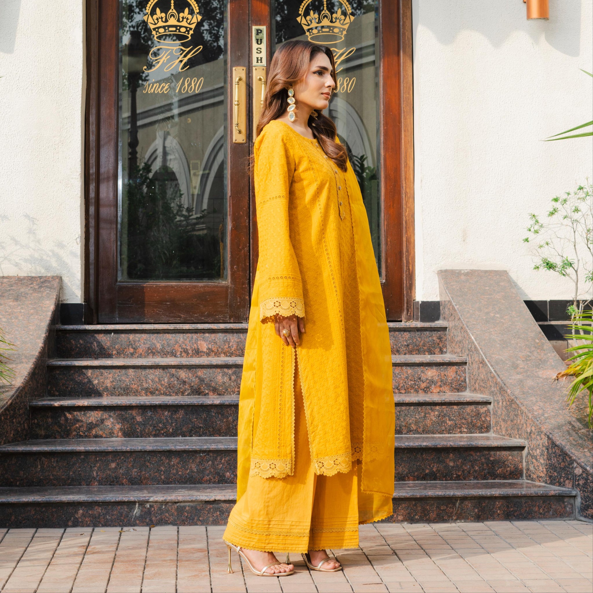Kaneez - Readymade Chikankari Three Piece Shalwar Kameez in Mustard Yellow with Matching Organza Dupatta and Motif Detailing
