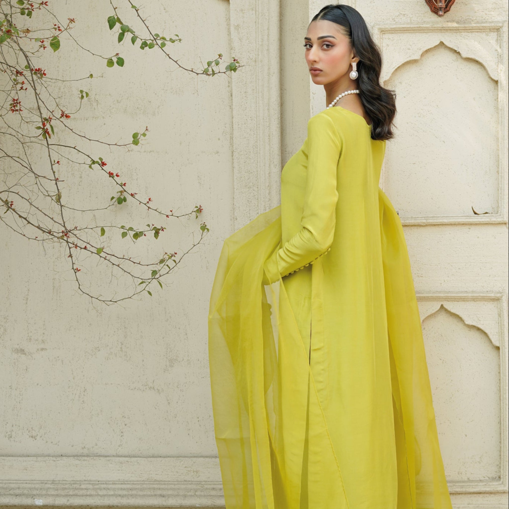 Mehr - Embroidered Readymade Three Piece Shalwar Kameez in Lime Green with Organza Dupatta