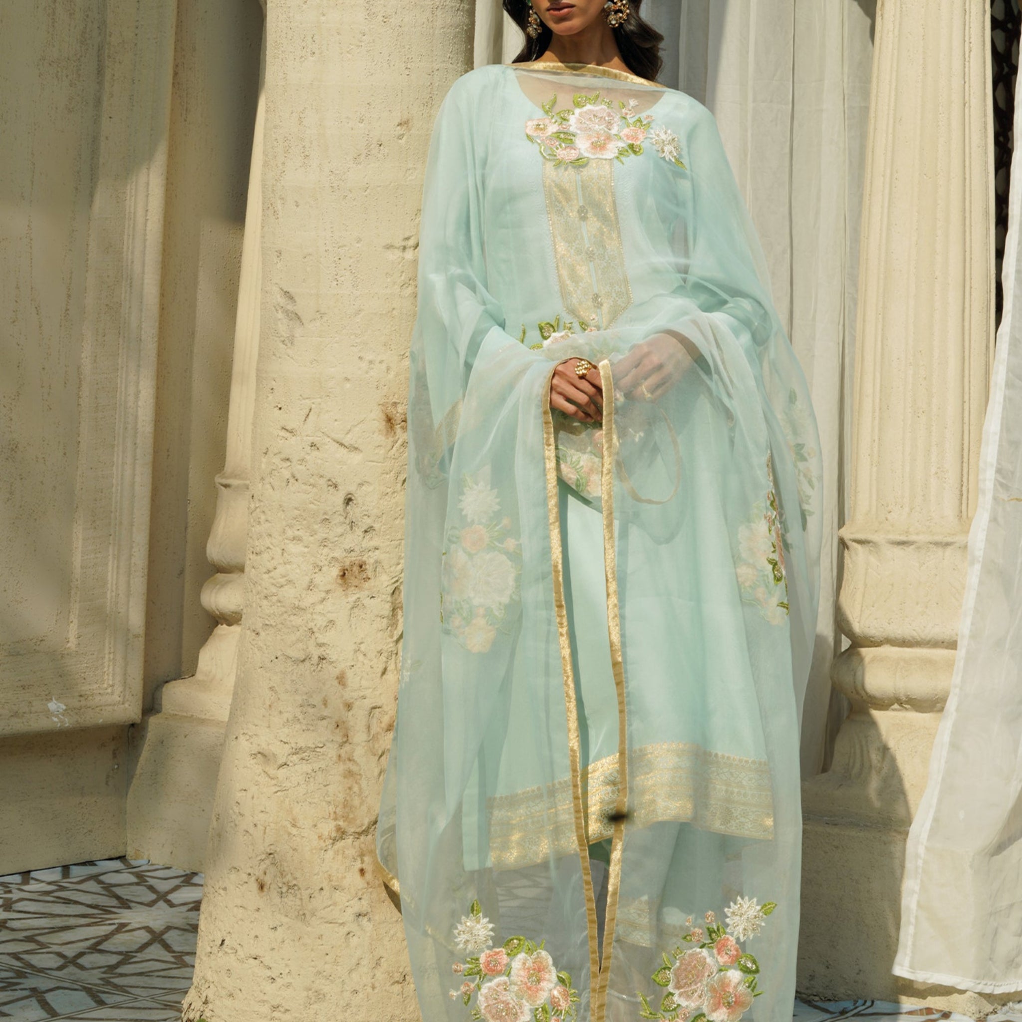 Aabi - Embroidered Readymade Three Piece in Sky Blue with Floral Designs with Matching Dupatta and Trousers