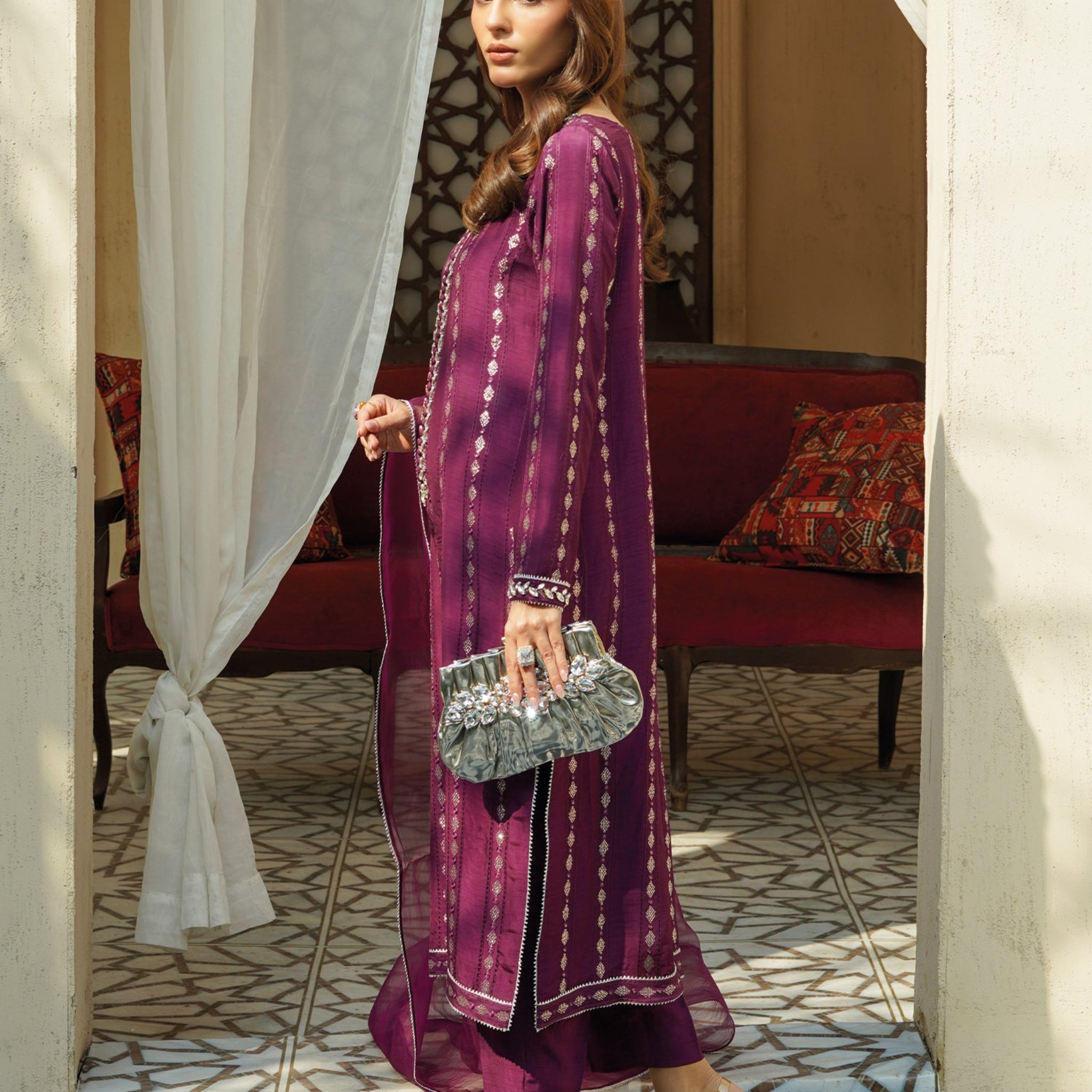Banafsh - Embroidered Readymade Three Piece Shalwar Kameez in Plum with Organza Dupatta