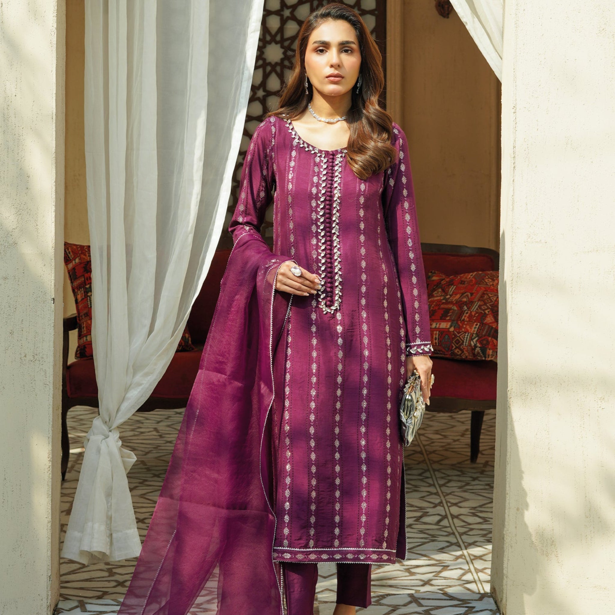 Banafsh - Embroidered Readymade Three Piece Shalwar Kameez in Plum with Organza Dupatta