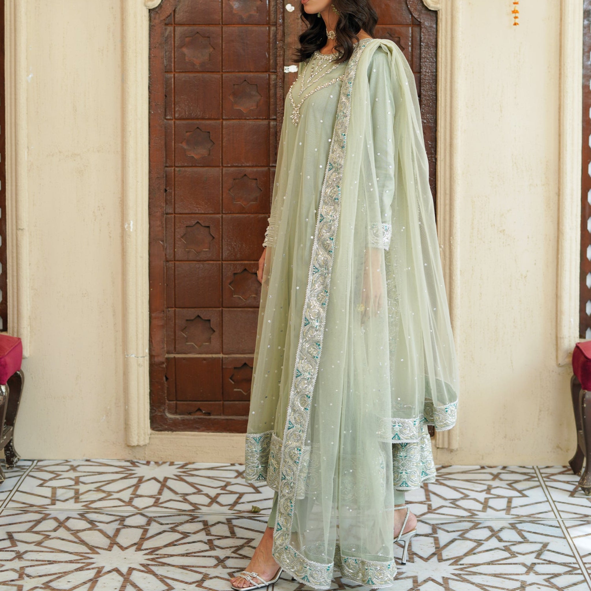 Sahar - Embroidered Readymade Three Piece Stitched Flare Suit in Ice Blue with Dupatta