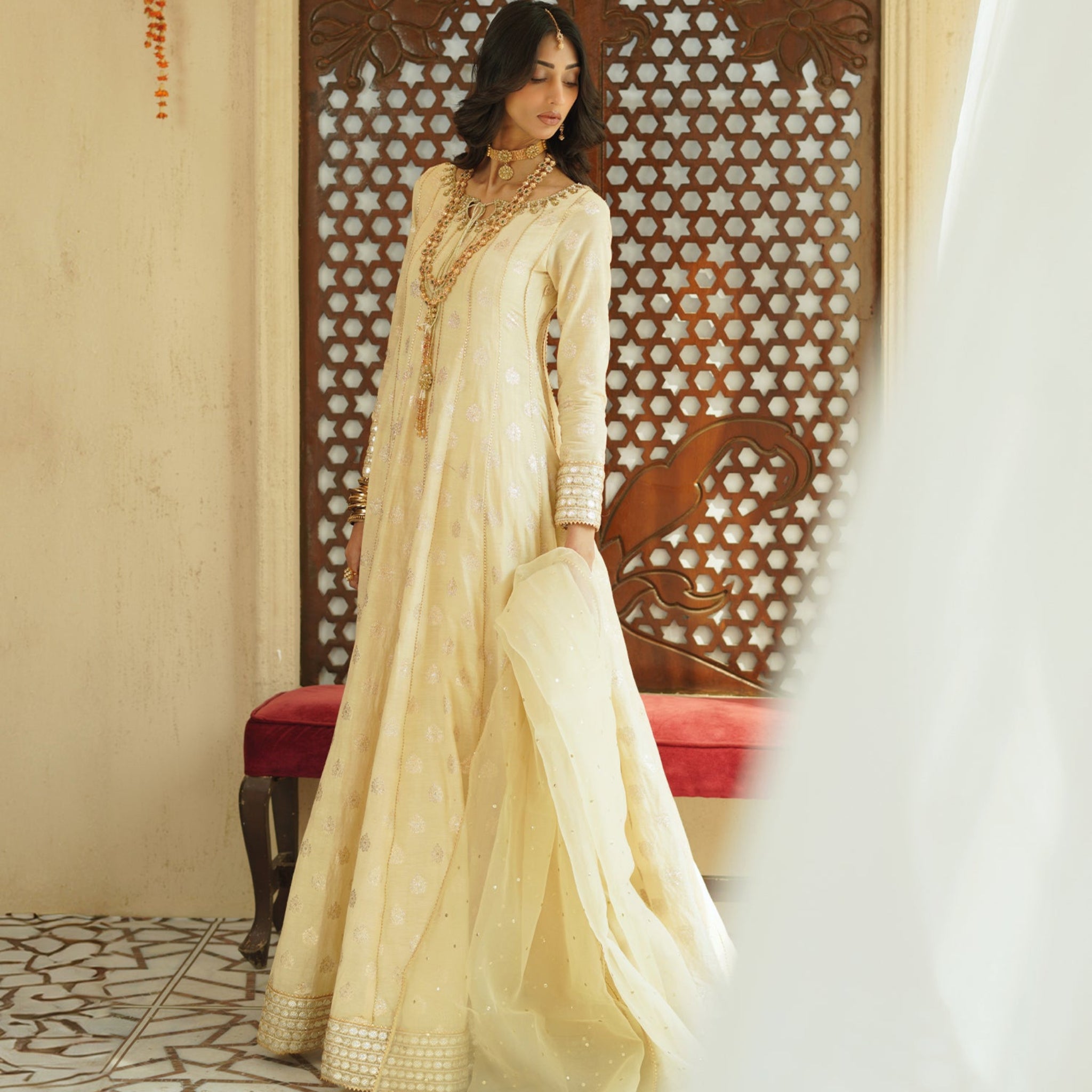 Mehtaab - Embroidered Readymade Three Piece Long Maxi Dress in Ivory with Trouser and Dupatta