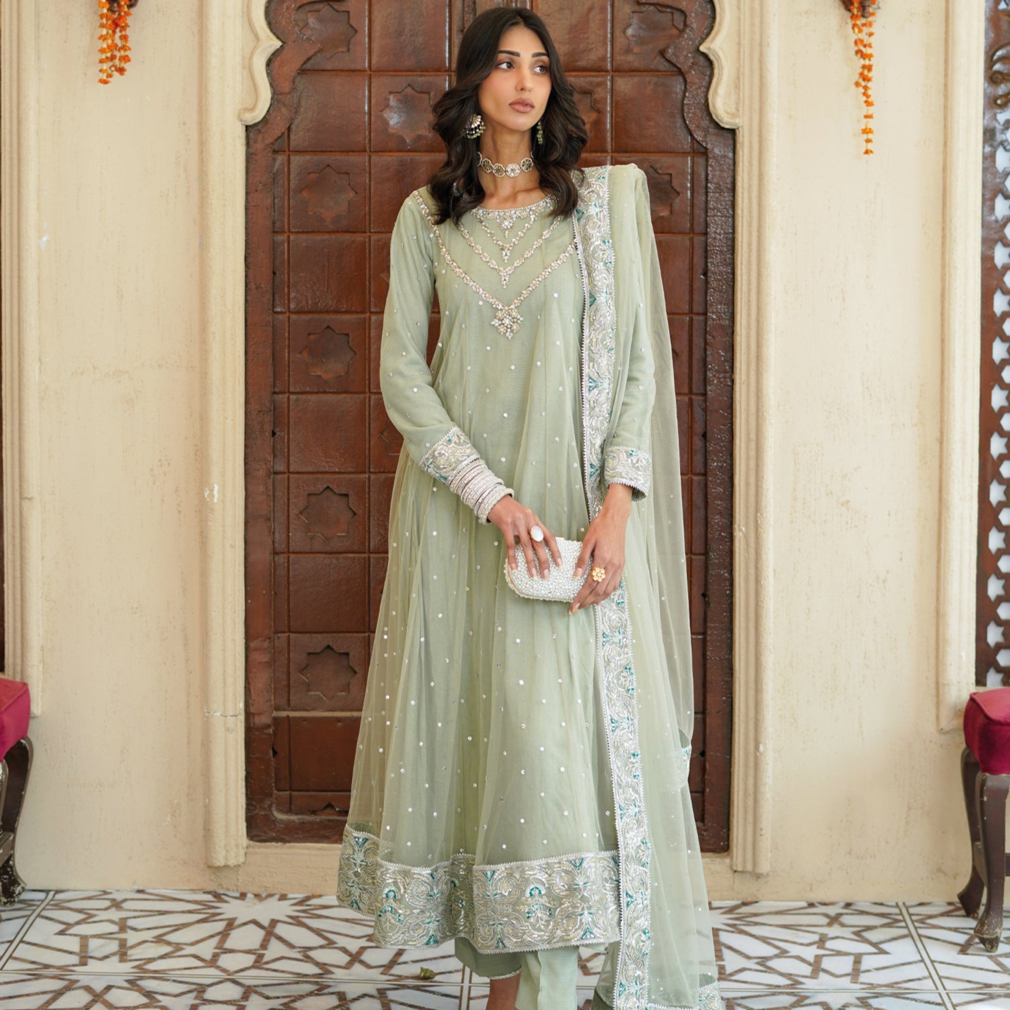 Sahar - Embroidered Readymade Three Piece Stitched Flare Suit in Ice Blue with Dupatta