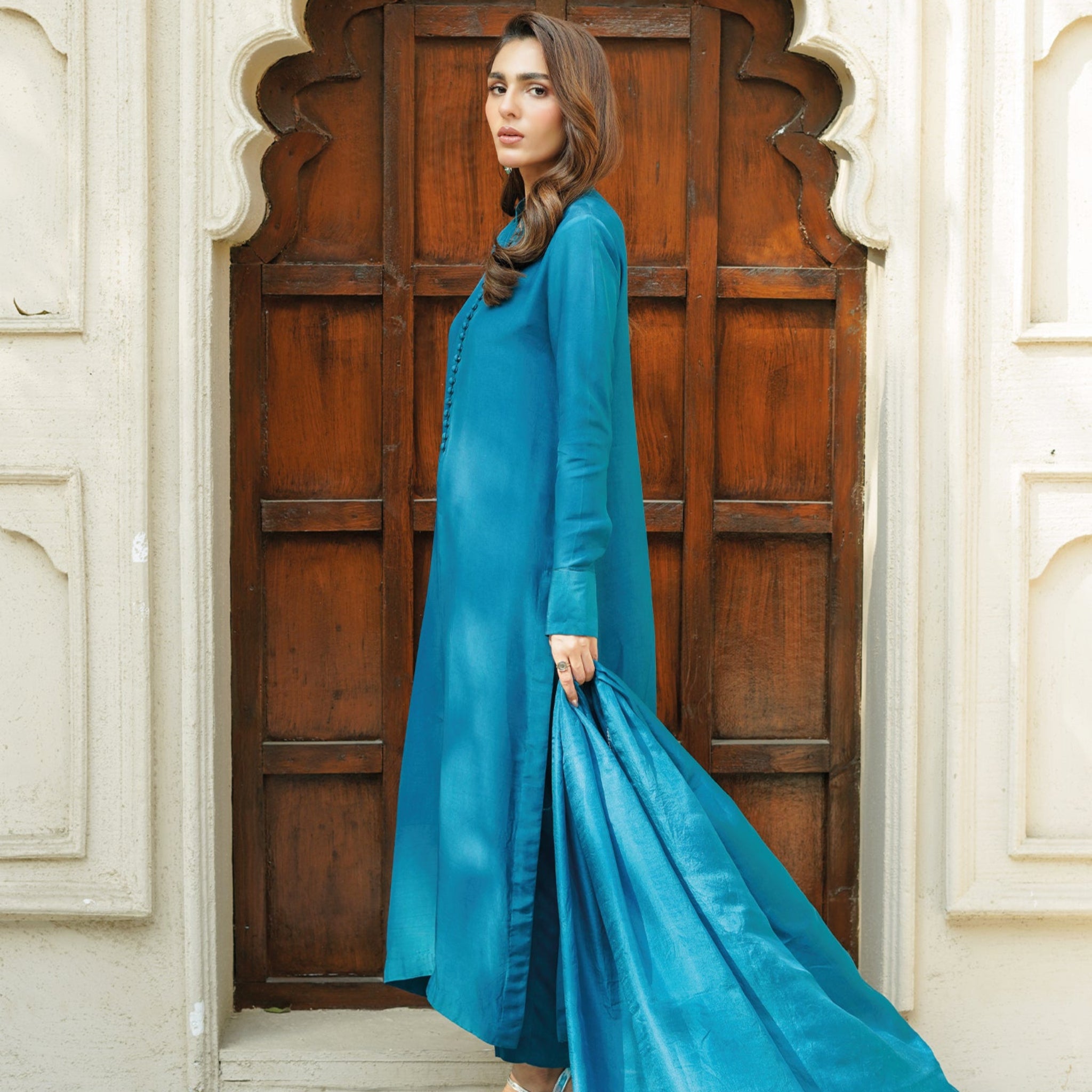 Bahaar - Embroidered Readymade Three Piece Shalwar Kameez in Teal Blue with Button Detailing