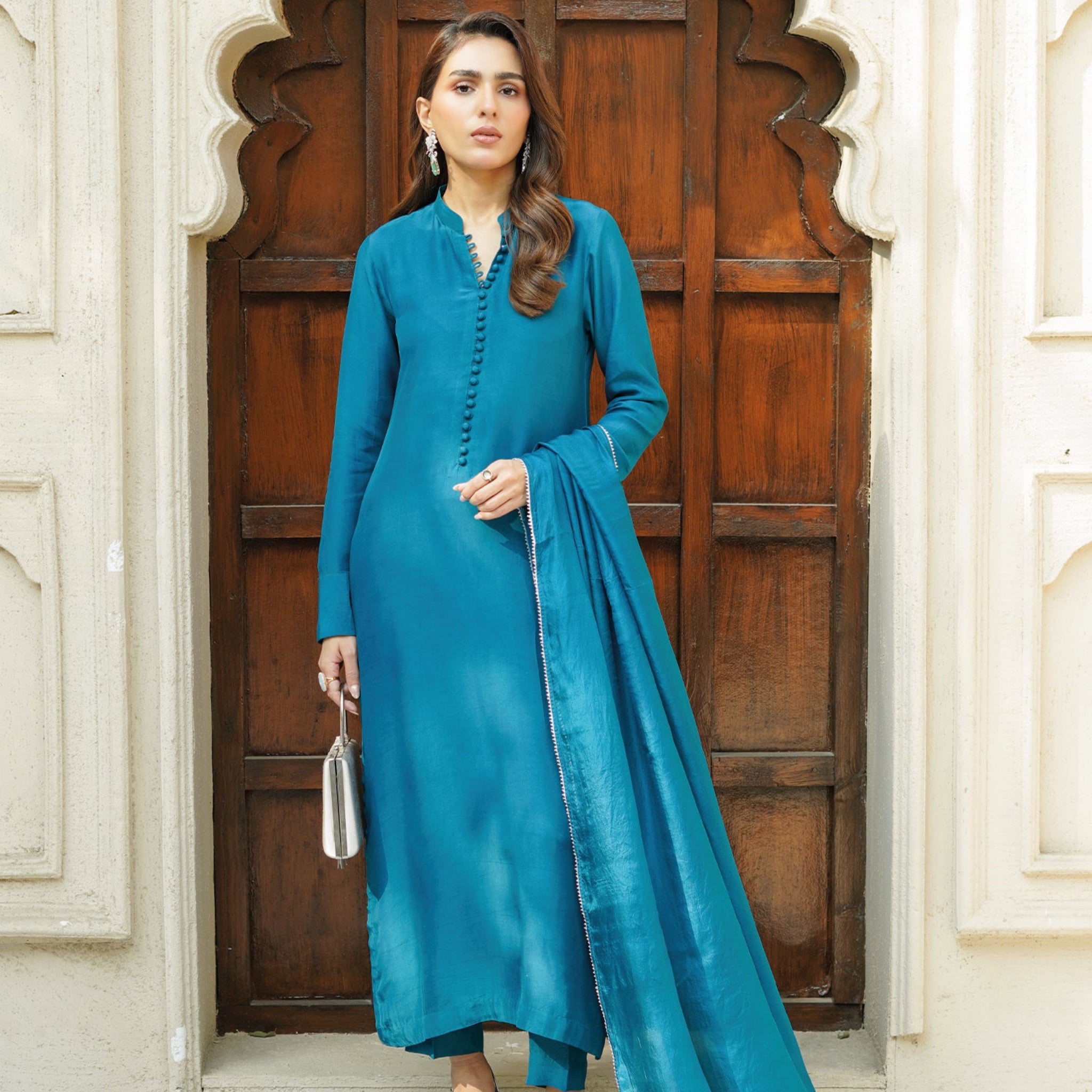 Bahaar - Embroidered Readymade Three Piece Shalwar Kameez in Teal Blue with Button Detailing