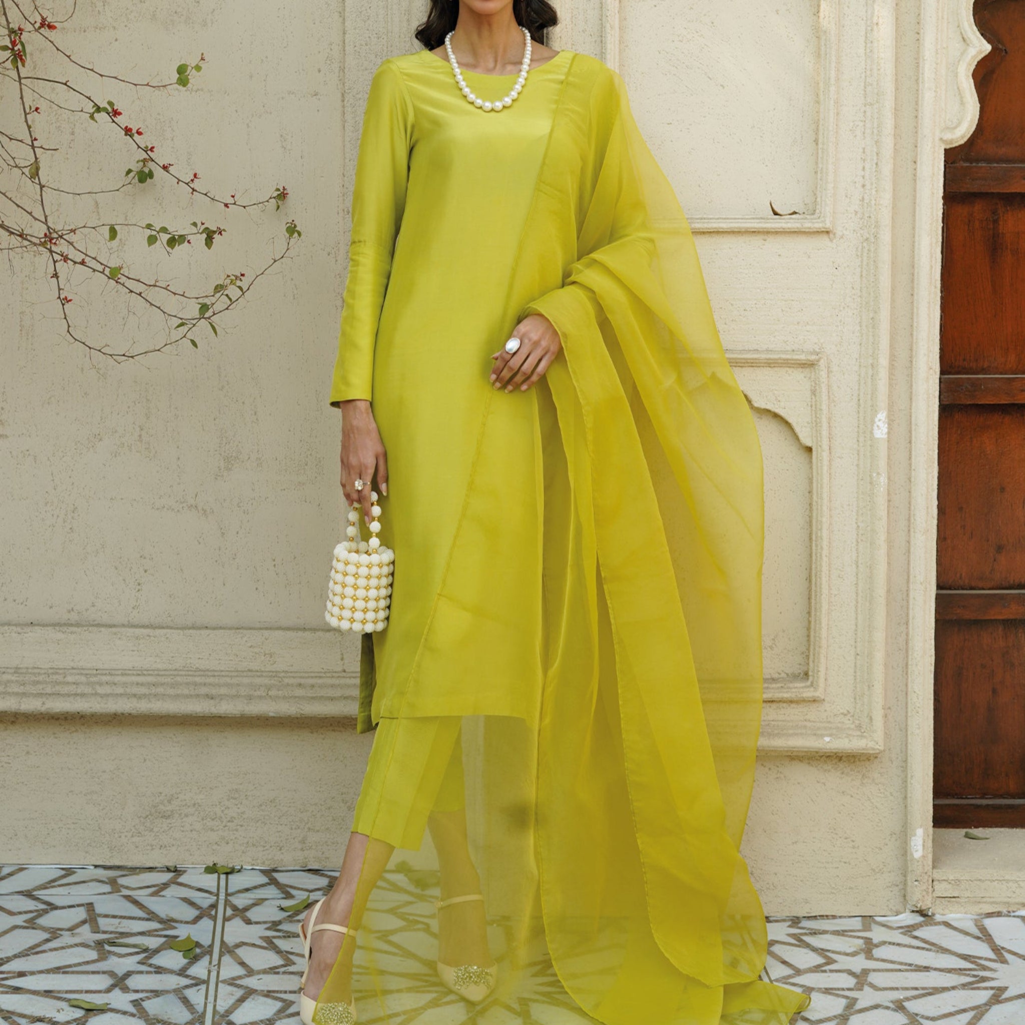 Mehr - Embroidered Readymade Three Piece Shalwar Kameez in Lime Green with Organza Dupatta