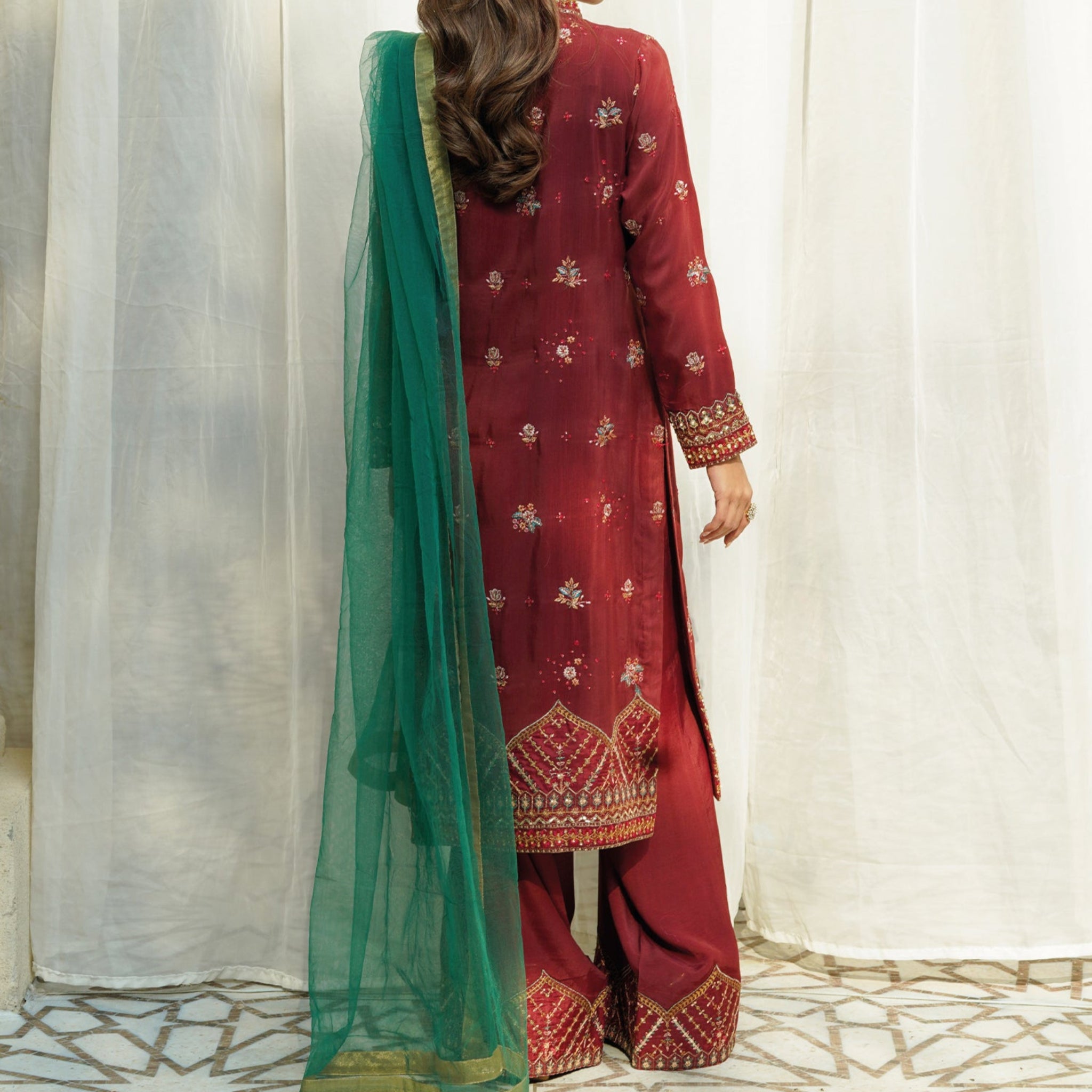 Hayat - Embroidered Readymade Three Piece Ruby Red Trouser and Shirt with Green Dupatta Set