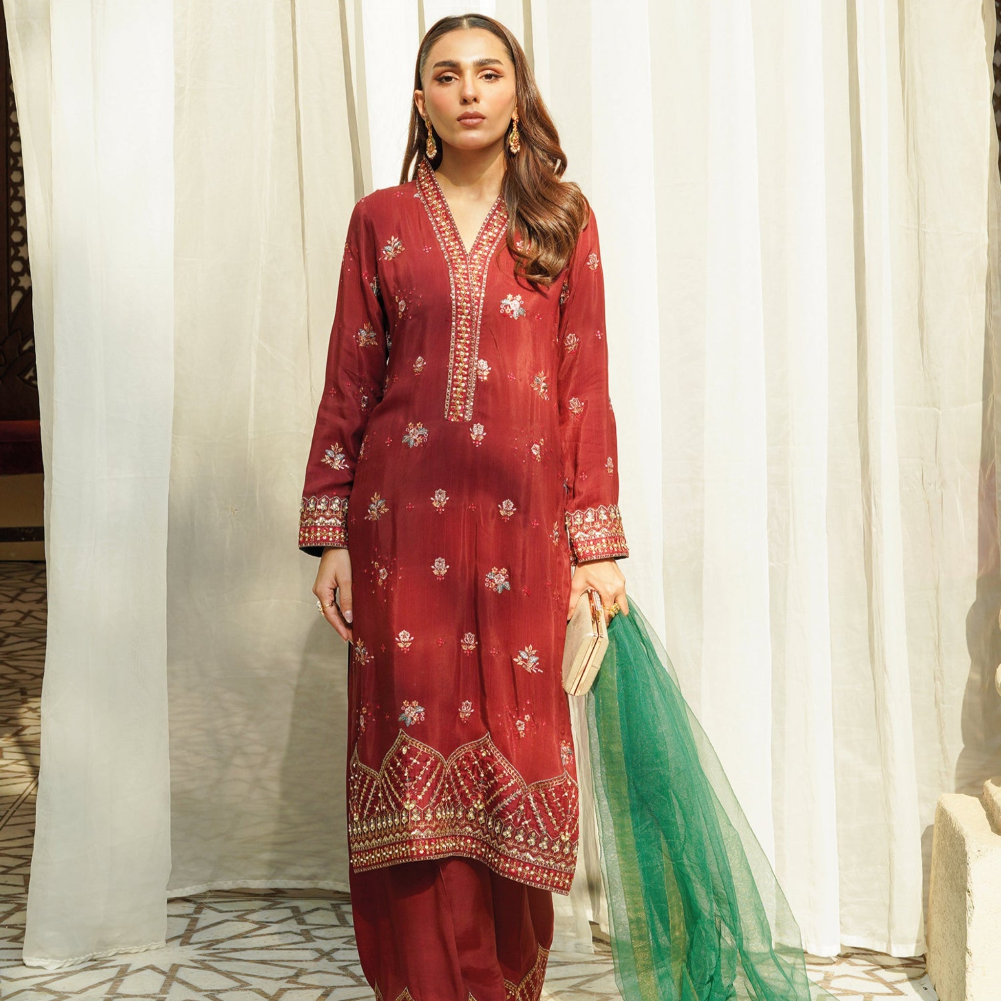 Hayat - Embroidered Readymade Three Piece Ruby Red Trouser and Shirt with Green Dupatta Set